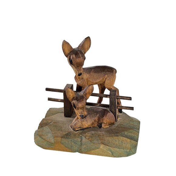 Hand-Carved Wooden Deer Family Sculpture With Rustic Fence On Geometric Base - Picture 1 of 8